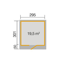 Grundriss mit den Maßen 295, 301 und 19,5 Kubikmeter.