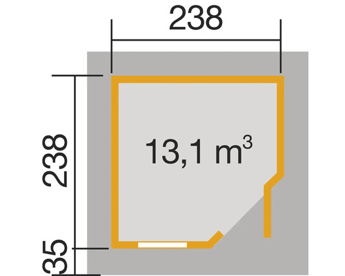 Plan avec indication du volume 13,1 mètres cubes et dimensions 238 x 238 x 35