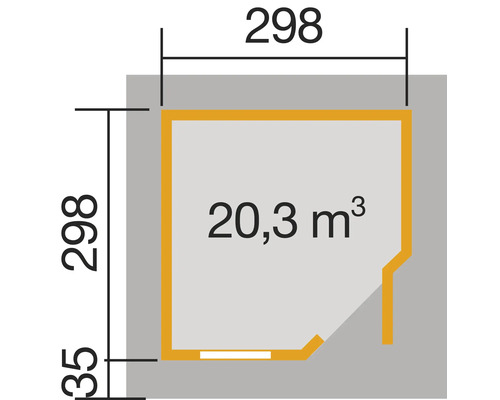 Plan avec dimensions : 298 x 298 x 35 et volume de 20,3 mètres cubes