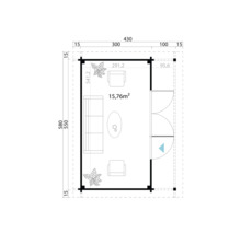 Grundriss mit Maßangaben eines Gartenhauses mit Möbeln