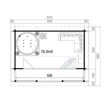 Grundrisszeichnung eines Gartenhauses mit Whirlpool und Sitzecke, Maße in Zentimeter