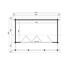 Grundrisszeichnung eines Gartenhauses mit Maßangaben