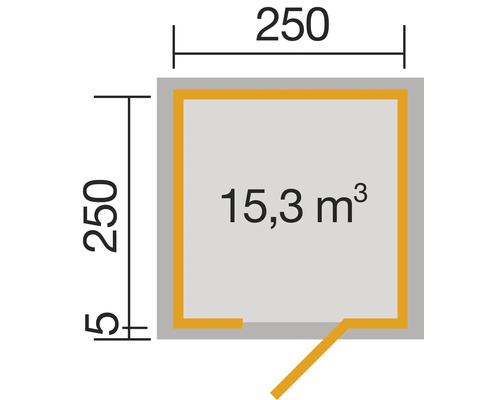 Plan avec dimensions 250 sur 250 et volume de 15,3 mètres cubes