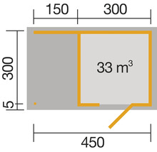 Plan avec dimensions 450 x 300 centimètres et volume de la pièce 33 mètres cubes