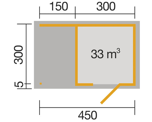 Plan avec dimensions 450 x 300 centimètres et volume de la pièce 33 mètres cubes