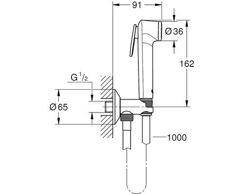 Technische Zeichnung einer Bidet-Brause mit Maßangaben