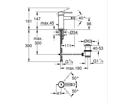 Schéma technique d''un robinet avec indications de dimensions