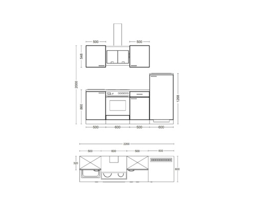 Küchenplanung mit Maßen für Unterschränke, Hängeschränke und Geräte