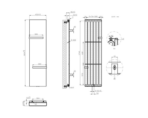 Technische Zeichnung eines Heizkörpers mit Maßangaben