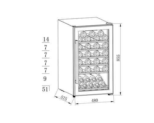 Technische Zeichnung eines Weinkühlschranks mit Maßangaben