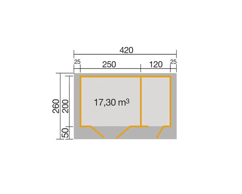 Grundrisszeichnung mit Abmessungen für ein Gartenhaus
