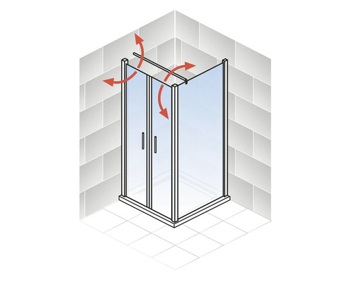 Eckdusche mit Pfeilen zur Veranschaulichung der Schwenkfunktion