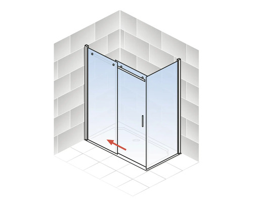 Eckdusche mit Schiebetür und rotem Pfeil, der die Schieberichtung angibt