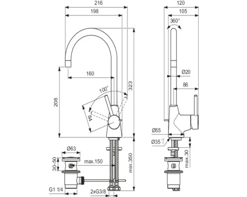 Technische Zeichnung einer Küchenarmatur mit Maßangaben