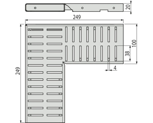 Dessin technique d''une pièce d''angle mesurant 249 x 249 mm, 100 mm de large et 20 mm de haut.