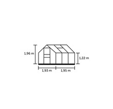 Abmessungen des Gewächshauses: 1,96 m hoch, 1,93 m und 1,95 m breit, 1,22 m Seitenhöhe
