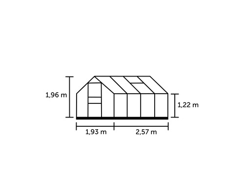 Schéma technique d''une serre avec des dimensions de 1,96 mètre de hauteur, 1,93 mètre de largeur à l''avant, 2,57 mètres de largeur sur le côté et 1,22 mètre de hauteur sur le côté.