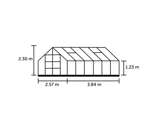 Image d''une serre avec les dimensions suivantes : 2,30 m de haut, 2,57 m et 3,84 m de large, 1,23 m de hauteur latérale.