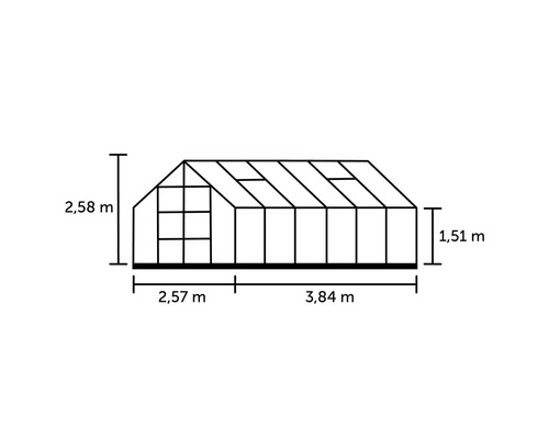 Illustration des dimensions d''une serre, soit 2,58 mètres de hauteur, 2,57 mètres de longueur et 3,84 mètres de longueur.