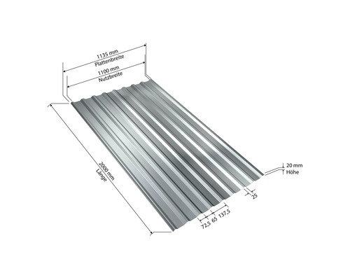 Trapezblech mit den Maßen 1135 mm Plattenbreite, 1100 mm Nutzbreite und 2000 mm Länge
