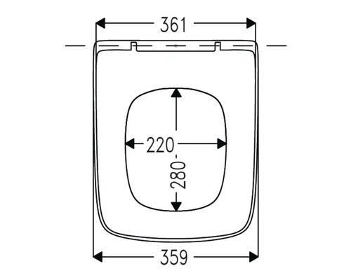 Technische Zeichnung eines WC-Sitzes mit Maßen.