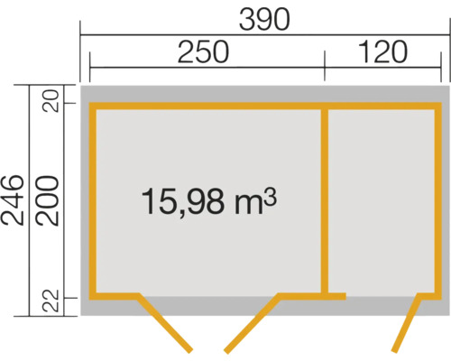 Grundriss mit den Maßen 390 x 246 cm und einem Volumen von 15,98 Kubikmeter