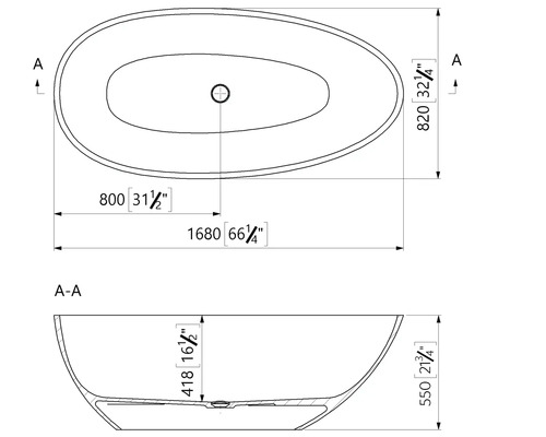 Technische Zeichnung einer ovalen Badewanne mit Maßen