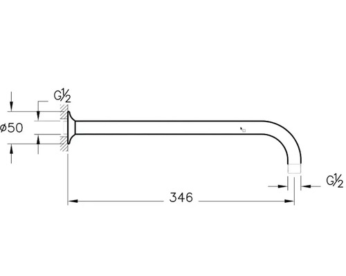 Technische Zeichnung eines Wandauslaufs mit Maßangaben.