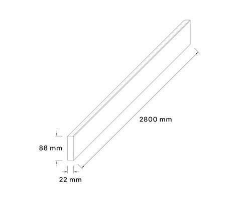 Technische Zeichnung eines Holzbretts mit den Maßen 2800 mm Länge, 88 mm Höhe und 22 mm Breite.