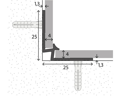 Illustration d''un profilé de finition avec cotes et matériel de fixation