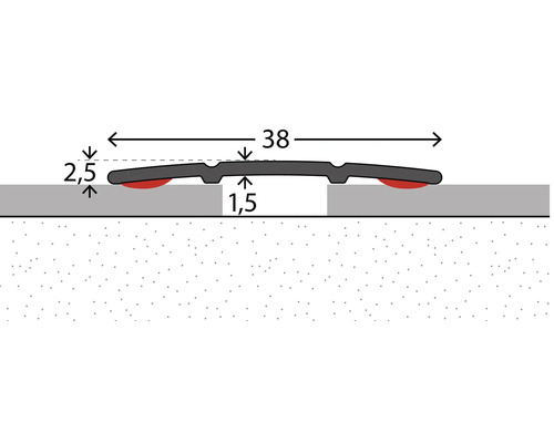 Illustration d''un profilé de transition avec des dimensions de 38 millimètres de largeur, 2,5 millimètres de hauteur et 1,5 millimètre de profondeur.