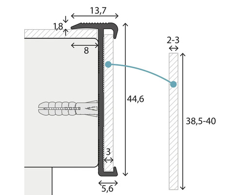 Dessin technique d''un profilé d''arête d''escalier avec indications de dimensions