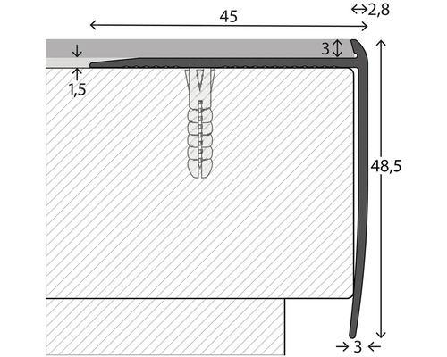 Dessin technique d''un profilé d''arête d''escalier avec dimensions