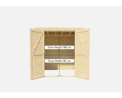 Holzgartenhaus mit offener Doppeltür, Türhöhe 188 cm, Türbreite 131 cm