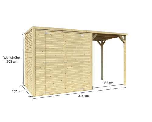 Holzgartenhaus mit Doppeltür und seitlichem Anbau, Maße 373 mal 157 mal 208 Zentimeter