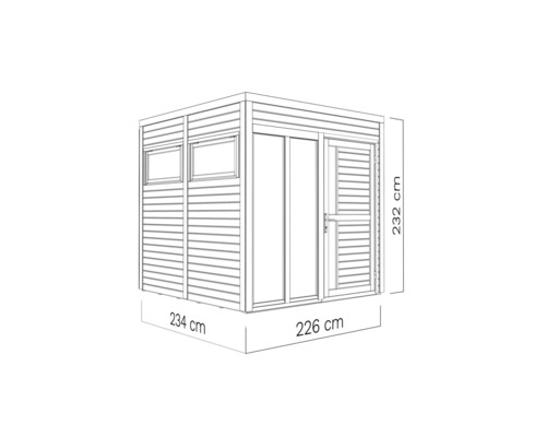 Abbildung eines Gartenhauses mit den Maßen 234 x 226 x 232 cm