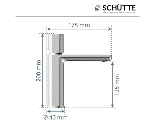 Schütte dimensions du robinet, hauteur 200 mm, portée 175 mm, diamètre 40 mm