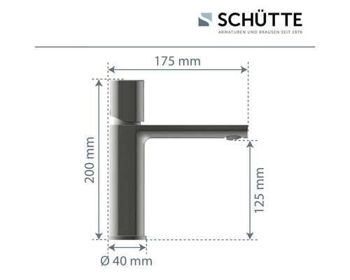 Schütte Robinetterie plan coté avec les dimensions 200 mm de hauteur, 175 mm de portée, 125 mm de hauteur de bec et 40 mm de diamètre