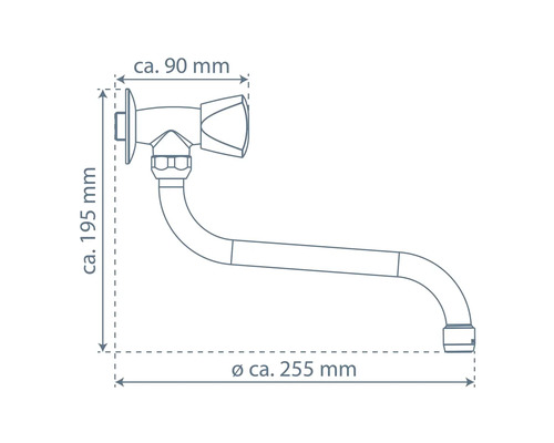 Technische Zeichnung einer Wandarmatur mit Maßangaben