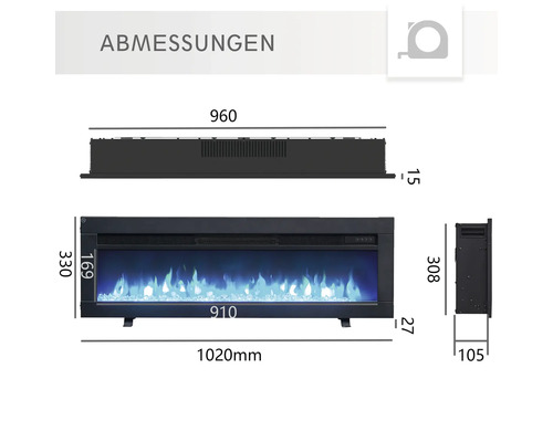 Abmessungen eines Elektrokamins mit blauen Flammen