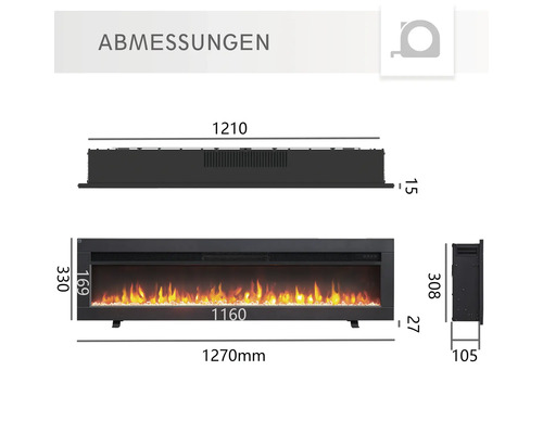 Abmessungen eines Elektrokamins mit Flammen-Effekt.