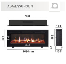 Abmessungen eines elektrischen Kamins mit Angabe der Maße