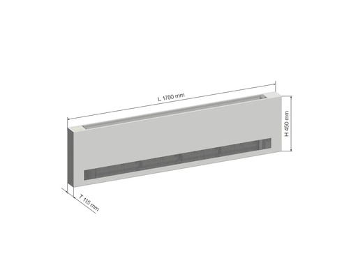 Heizkörperkonvektor mit den Maßen 1750 mm Länge, 450 mm Höhe und 115 mm Tiefe