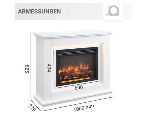 Abmessungen des weißen Elektrokamins