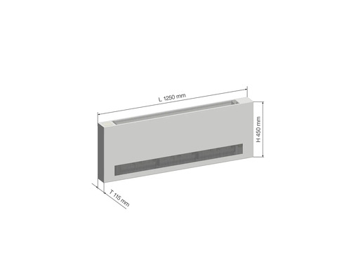 Konvektor mit den Maßen 1250 mm Länge, 450 mm Höhe und 115 mm Tiefe.