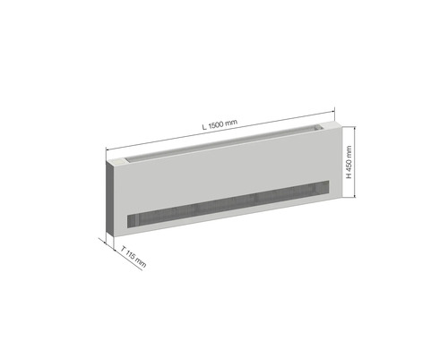 Bodenkonvektor mit den Maßen Länge 1500 mm, Höhe 450 mm und Tiefe 115 mm.