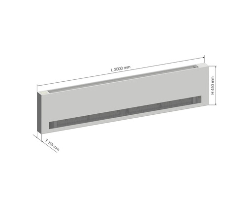 Konvektor mit den Maßen Länge 2000 mm, Höhe 450 mm und Tiefe 115 mm.