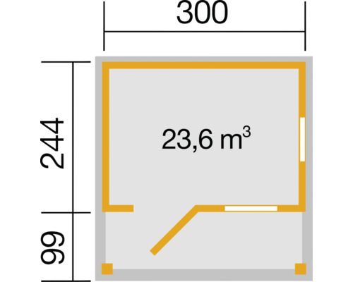Plan avec les dimensions 300 sur 244 et un volume de pièce de 23,6 mètres cubes
