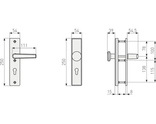 Technische Zeichnung eines Türdrückers mit Maßen