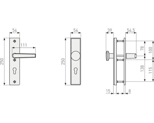 Schéma technique d''une poignée de porte avec dimensions